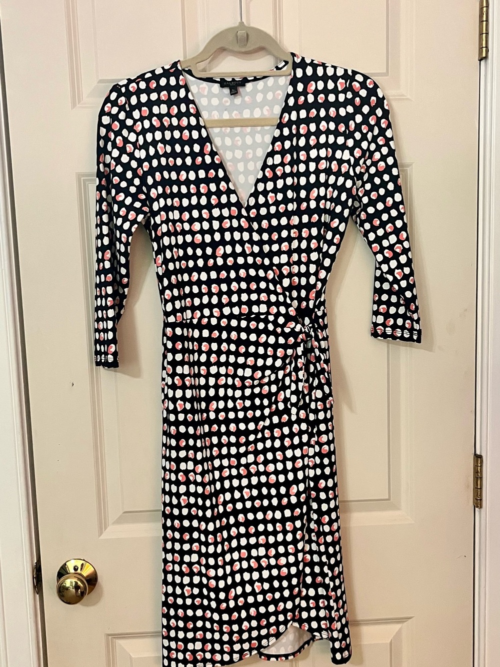 Talbots Black Midi Wrap Dress with White and Pink Dot Print